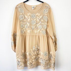 ANTHRO ONE SEPTEMBER Peach Tan Tulle Embroidered Layered Bubble Sleeve Floral L